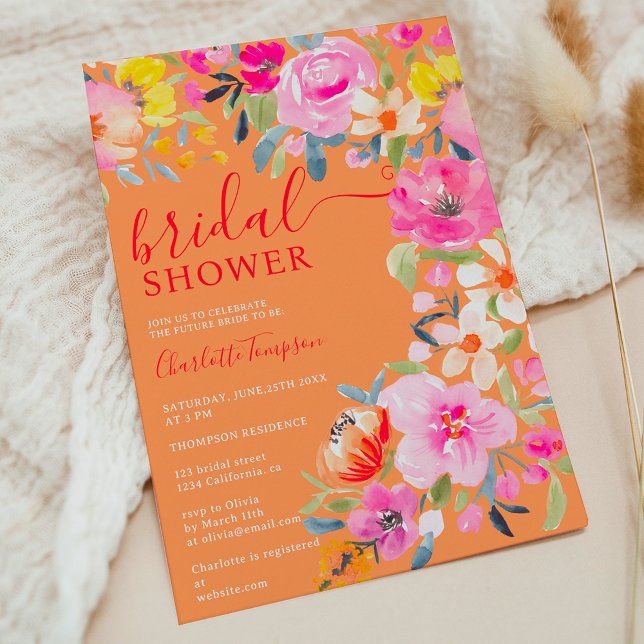 Invitation Aquarelle fleurie bohème orange douche nuptiale (Bohemian floral watercolor orange bridal shower invitation)