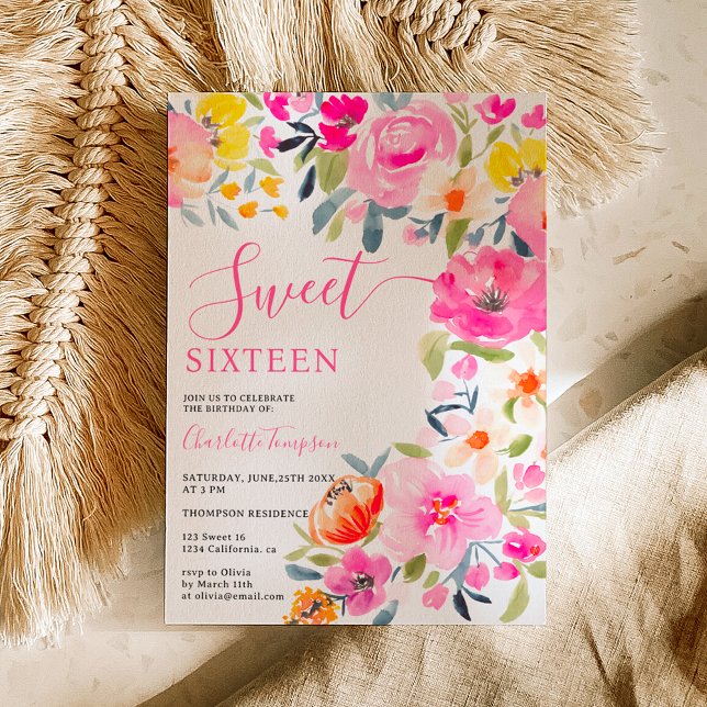 Invitation Aquarelle fleurie bohème rose rose doux 16 (Bohemian bold floral watercolor pink Sweet 16 Invitation on white)