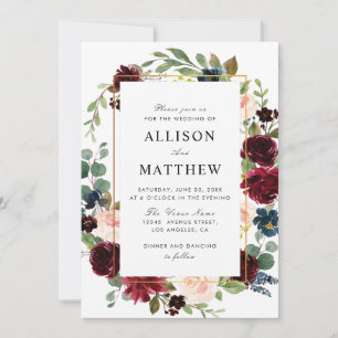 Invitation Aquarelle fleurie bordeaux et mariage roux