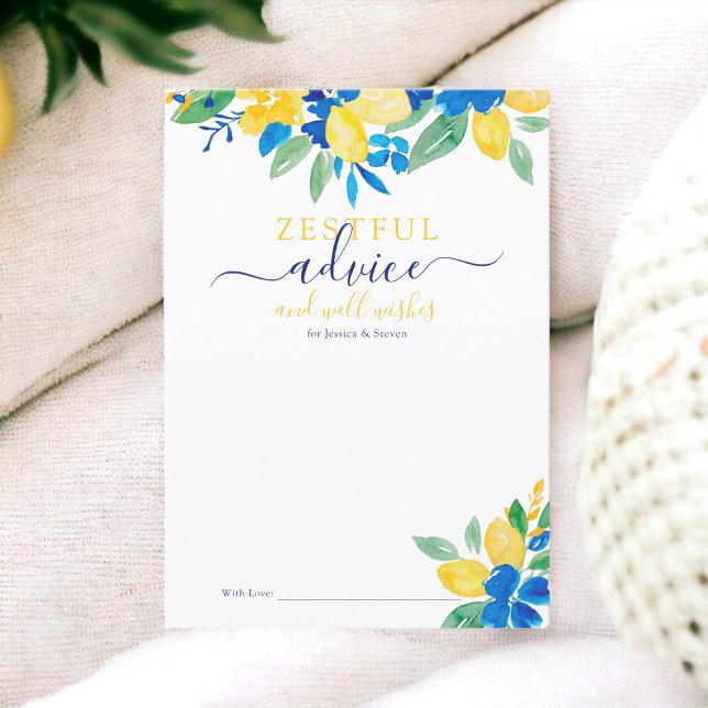 Invitation Aquarelle fleurie citrons jaune bleu conseil de ma (Blue yellow lemons floral watercolor bridal advice card invitation)