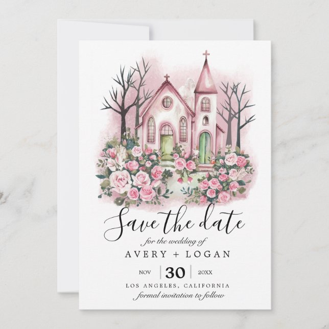 Invitation aquarelle fleurie de l'église rose enregistrer la  (Devant)