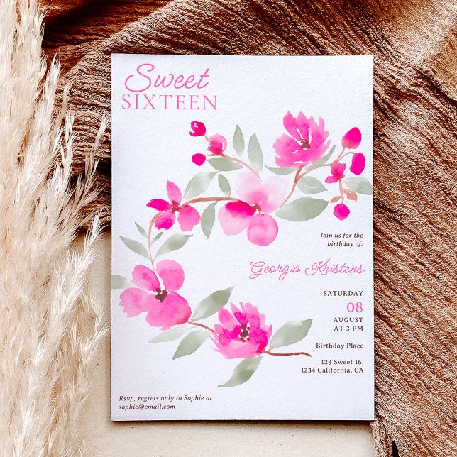 Invitation Aquarelle fleurie de sakura rose moderne Sweet 16 (Créateur téléchargé)