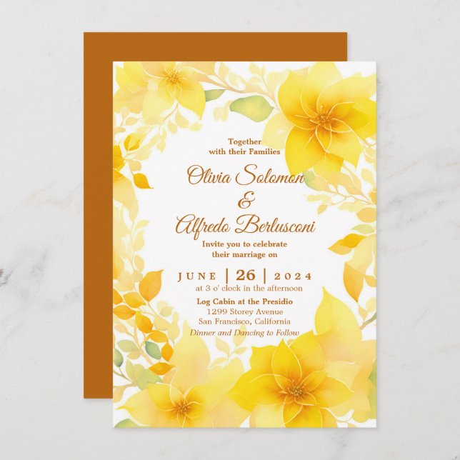 Invitation Aquarelle fleurie jaune boho mariage moderne (Devant / Derrière)
