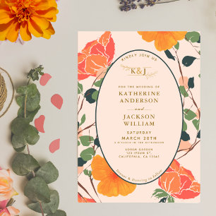 Invitation Aquarelle fleurie orange fleurs Peach Mariage