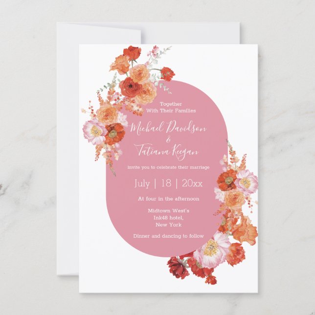 Invitation aquarelle fleurie orange rose mariage design (Devant)