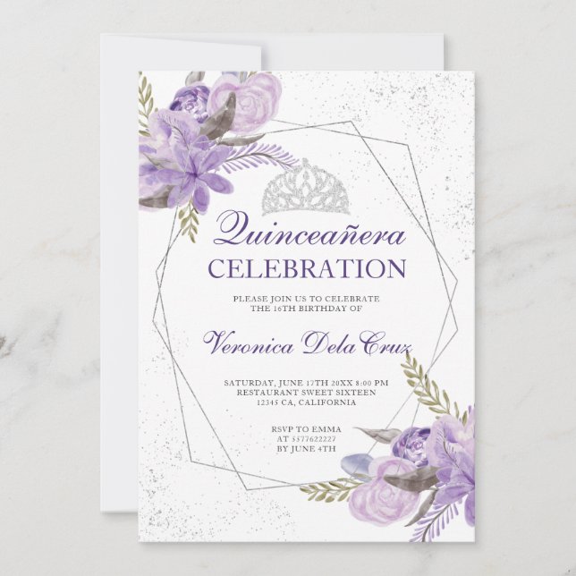 Invitation Aquarelle fleurie pourpre argentée Quinceanera (Devant)