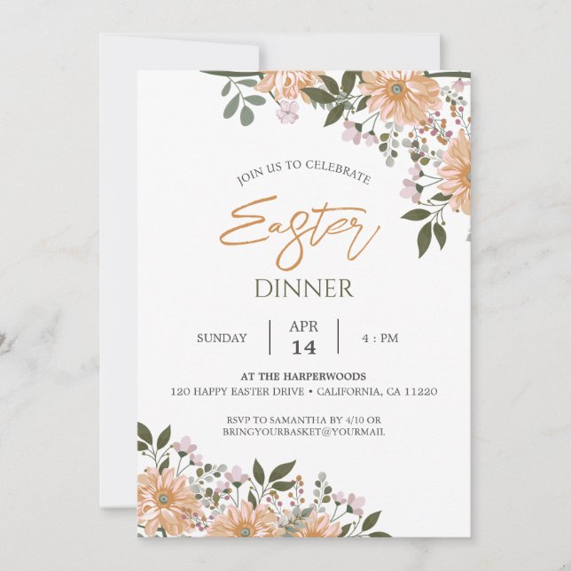 Invitation aquarelle fleurie Printemps Dîner de Pâques (Devant)
