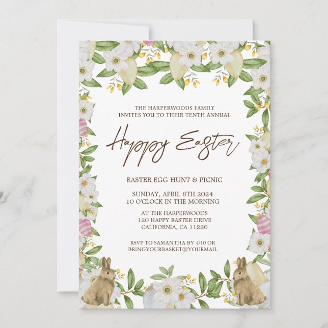 Invitation aquarelle fleurie Printemps Pâques brunch & chasse (Devant)