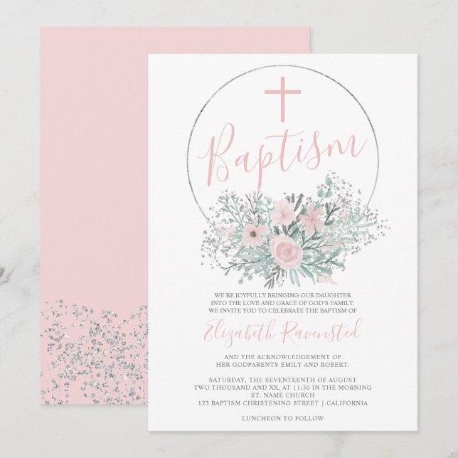 Invitation Aquarelle fleurie rose confetti d'argent baptême (Devant / Derrière)