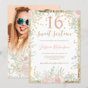 Invitation Aquarelle fleurie vert rose or Sweet 16 photo