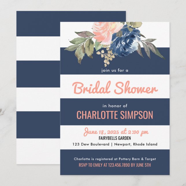 Invitation Aquarelle Fleurit Marine Bleu Stripes Fête des mar (Devant / Derrière)