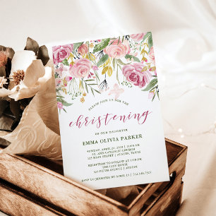 Invitation Aquarelle fleurit rose et or Floral Christening