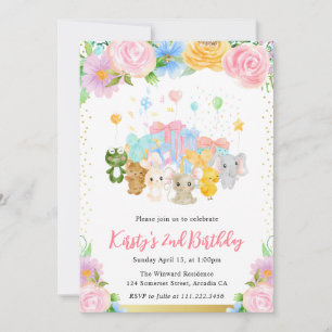 Invitation Aquarelle Fleurs Amis Animaux Mignons Anniversaire