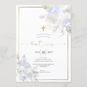 Invitation Aquarelle Fleurs Baptême Dusty Bleu Pois Doux