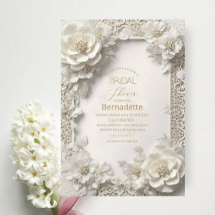 Invitation Aquarelle fleurs blanches 3D or Fête de mariage