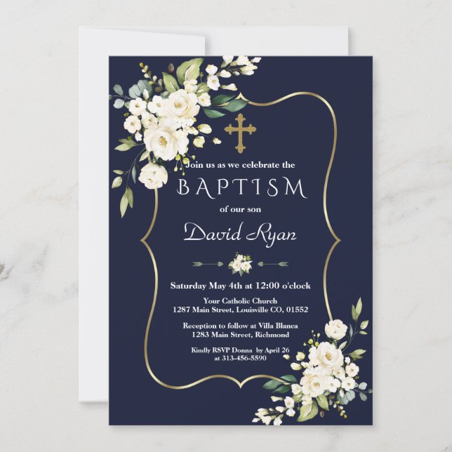 Invitation Aquarelle Fleurs blanches Croix d'or Baptême garço (Devant)