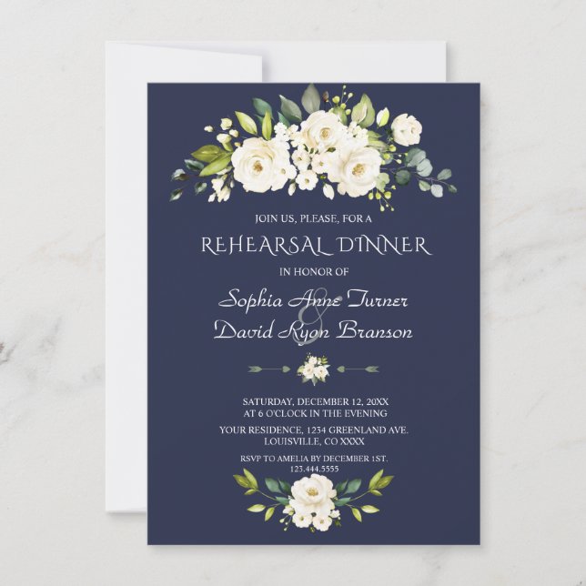 Invitation Aquarelle Fleurs blanches Dîner de répétition de l (Devant)