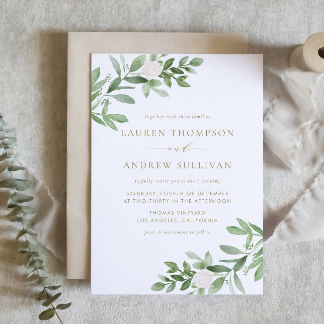 Invitation Aquarelle Fleurs blanches et Mariage or vert (Watercolor White Flowers and Greenery Gold Wedding Invitation)