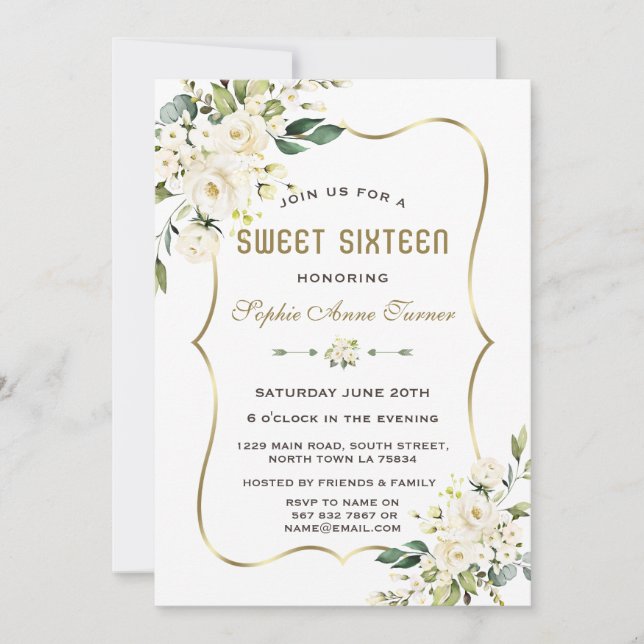 Invitation Aquarelle Fleurs blanches Gold Frame Sweet 16 (Devant)