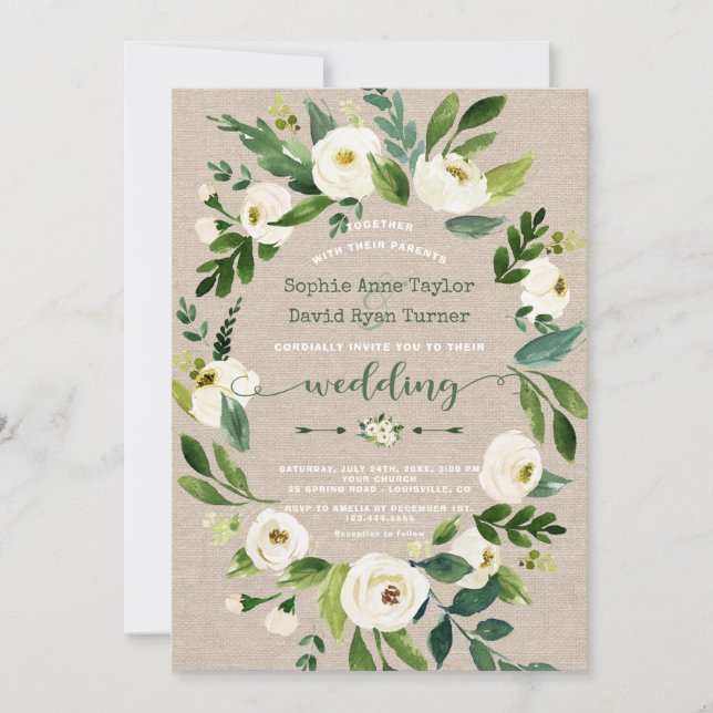 Invitation Aquarelle Fleurs blanches Mariage toile lin (Devant)