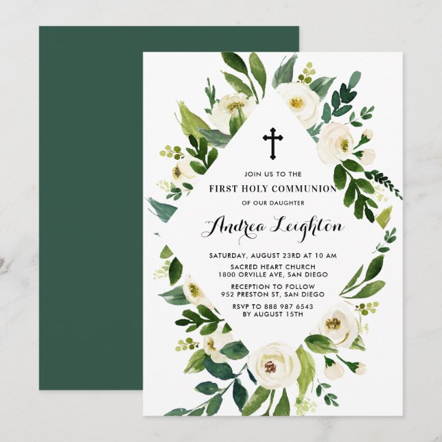 Invitation Aquarelle Fleurs blanches Première Communion saint (Devant / Derrière)
