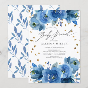 Invitation Aquarelle Fleurs Bleues Baby shower Brunch