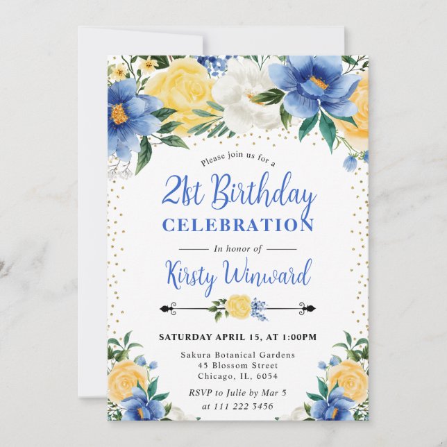 Invitation Aquarelle Fleurs bleues et jaunes 21e anniversaire (Devant)