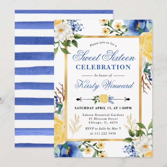 Invitation Aquarelle Fleurs bleues et jaunes Douces 16 (Devant / Derrière)