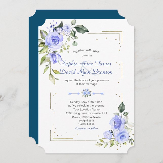 Invitation Aquarelle Fleurs Bleues Mariage Parties scintillan (Devant / Derrière)