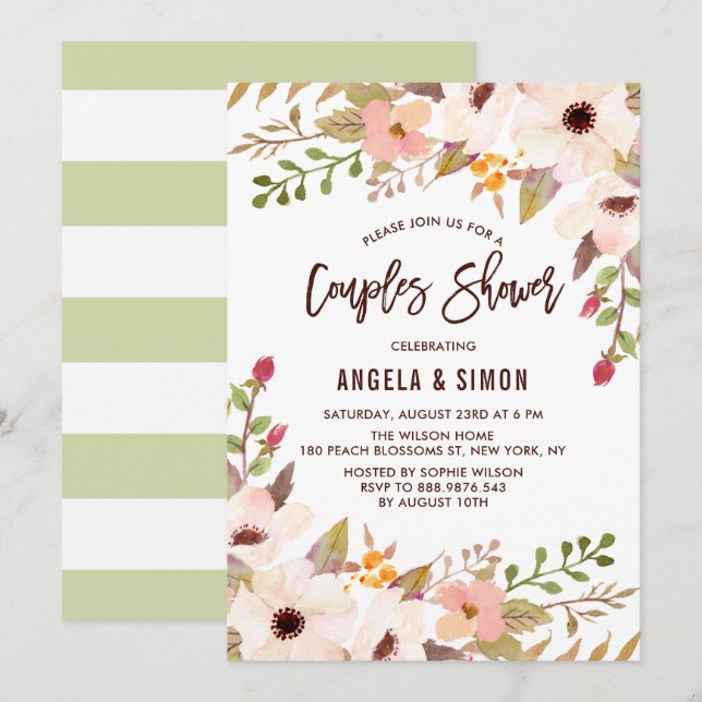 Invitation Aquarelle Fleurs Bohémiennes Couples Douche (Devant / Derrière)