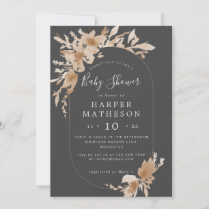 Invitation Aquarelle fleurs boho gris oblong baby shower dans