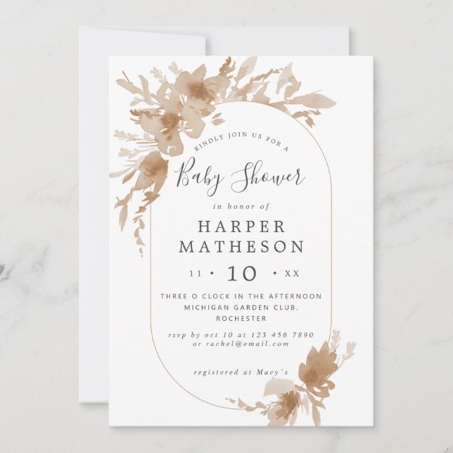 Invitation Aquarelle fleurs boho oblong baby shower invitat (Devant)