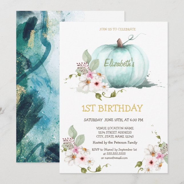 Invitation Aquarelle Fleurs Citrouilles Anniversaire (Devant / Derrière)