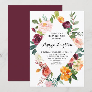 Invitation Aquarelle Fleurs d'automne Baby shower Floral Brun