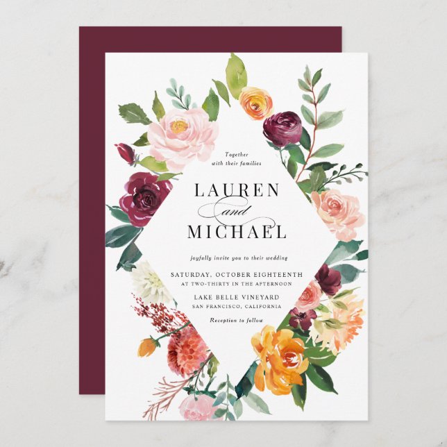 Invitation Aquarelle Fleurs d'automne Cadre QR Code Mariage (Devant / Derrière)