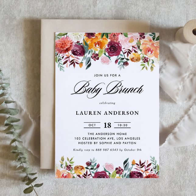 Invitation Aquarelle Fleurs d'automne Garland Baby Brunch (Créateur téléchargé)