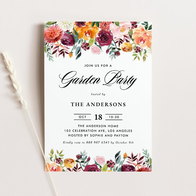 Invitation Aquarelle Fleurs d'automne Garland Garden Party (Créateur téléchargé)