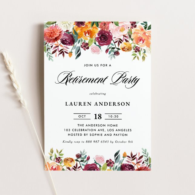 Invitation Aquarelle Fleurs d'automne Garland Retraite Party (Créateur téléchargé)