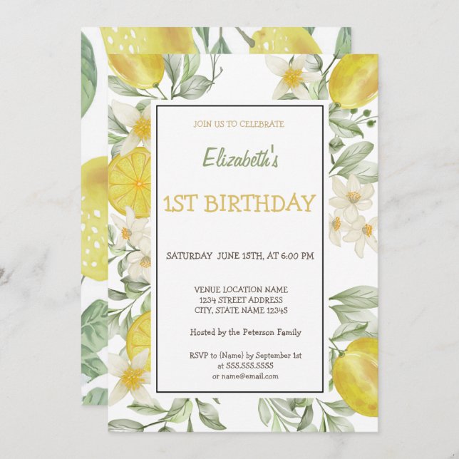 Invitation Aquarelle Fleurs de citrons Anniversaire (Devant / Derrière)
