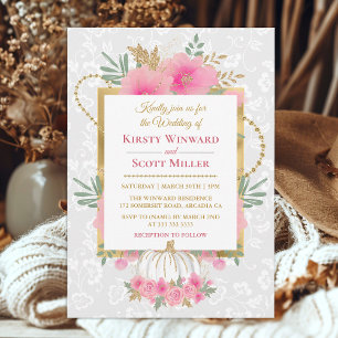 Invitation Aquarelle Fleurs de Citrouille Rose Mariage Or Feu