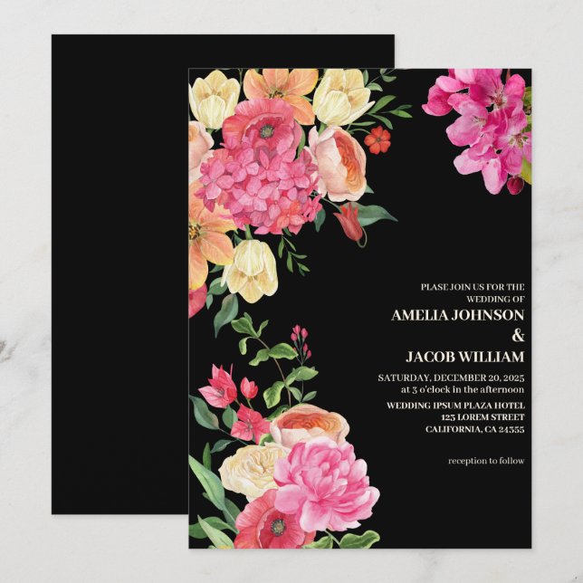 Invitation Aquarelle fleurs de couleur fleurie noir mariage (Devant / Derrière)