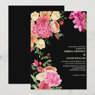 Invitation Aquarelle fleurs de couleur fleurie noir mariage