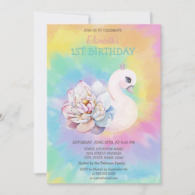 Invitation Aquarelle Fleurs de cygne Tie Dye Anniversaire (Devant)