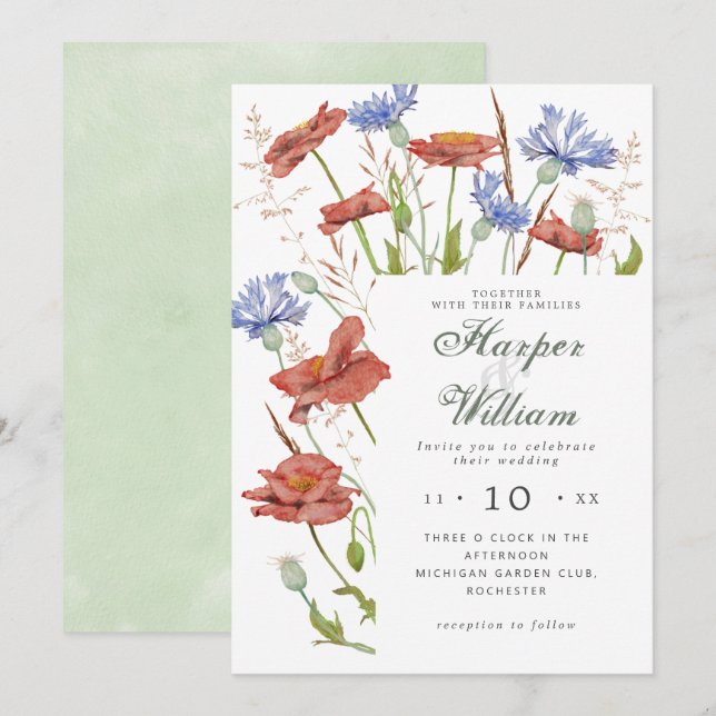 Invitation Aquarelle fleurs de prairie herbe mariage (Devant / Derrière)