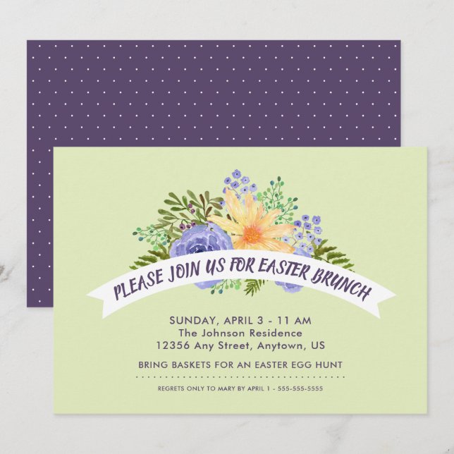 Invitation Aquarelle Fleurs de printemps élégant Brunch de Pâ (Devant / Derrière)
