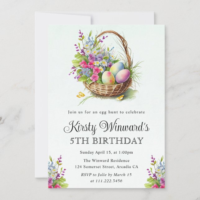 Invitation Aquarelle Fleurs de printemps Pâques Panier Annive (Devant)
