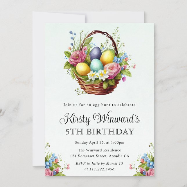 Invitation Aquarelle Fleurs de printemps Pâques Panier Annive (Devant)