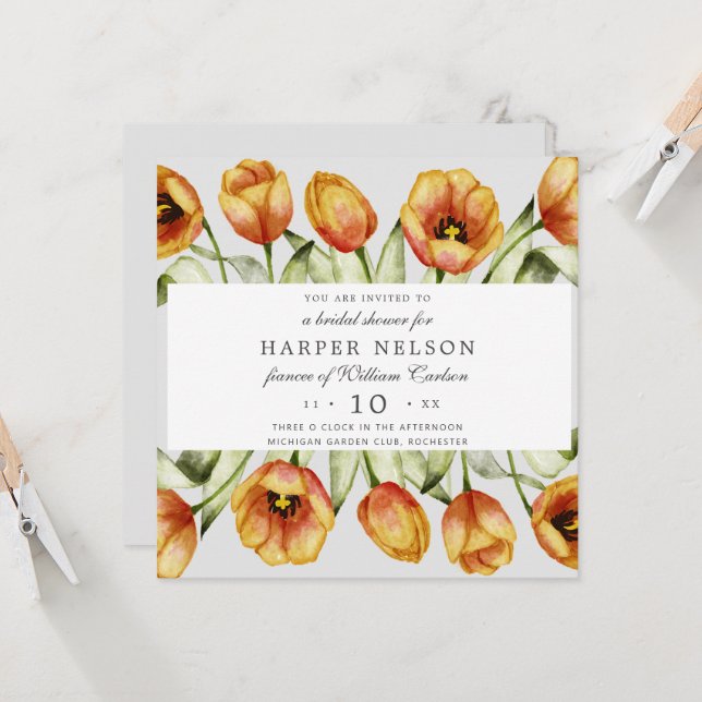 Invitation Aquarelle fleurs de printemps tulipes douche nupti (Devant/Arrière en situation)
