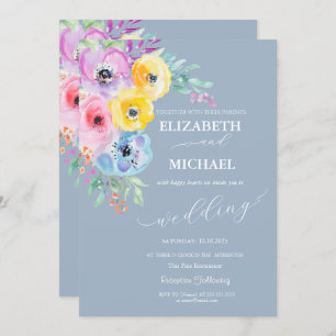 Invitation Aquarelle Fleurs de ressort Mariage bleu foncé