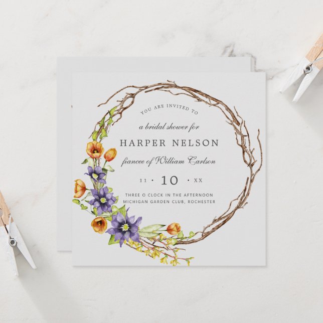 Invitation Aquarelle fleurs de ressort wreath douche nuptiale (Devant/Arrière en situation)
